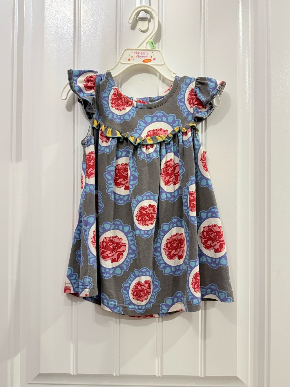 Matilda Jane Paint by Numbers Gray with Red Floral Medallions and Blue Accents